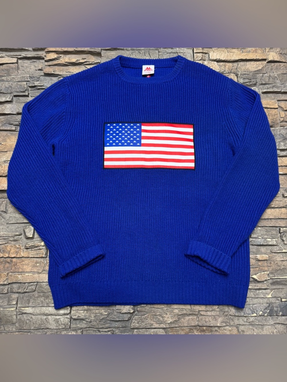 Kappa Authentic LA Besarty Crewneck Knit Sweater Mens XL Blue American Flag USA